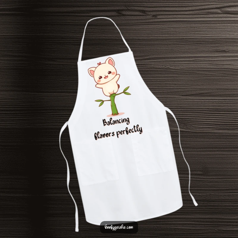 Funny Kawaii apron with a delighted character balancing on a small bamboo stalk, ideal for kitchen wear with a cute, humorous twist.