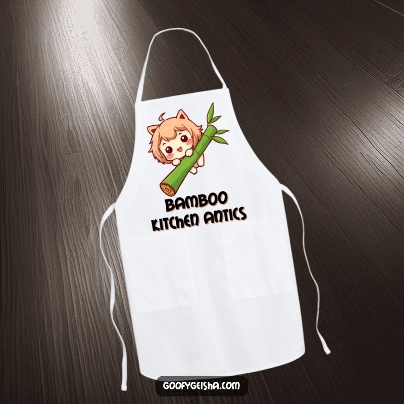 Funny apron showing a character with a funny expression sliding down a bamboo stalk, perfect for adding humor to kitchen activities.