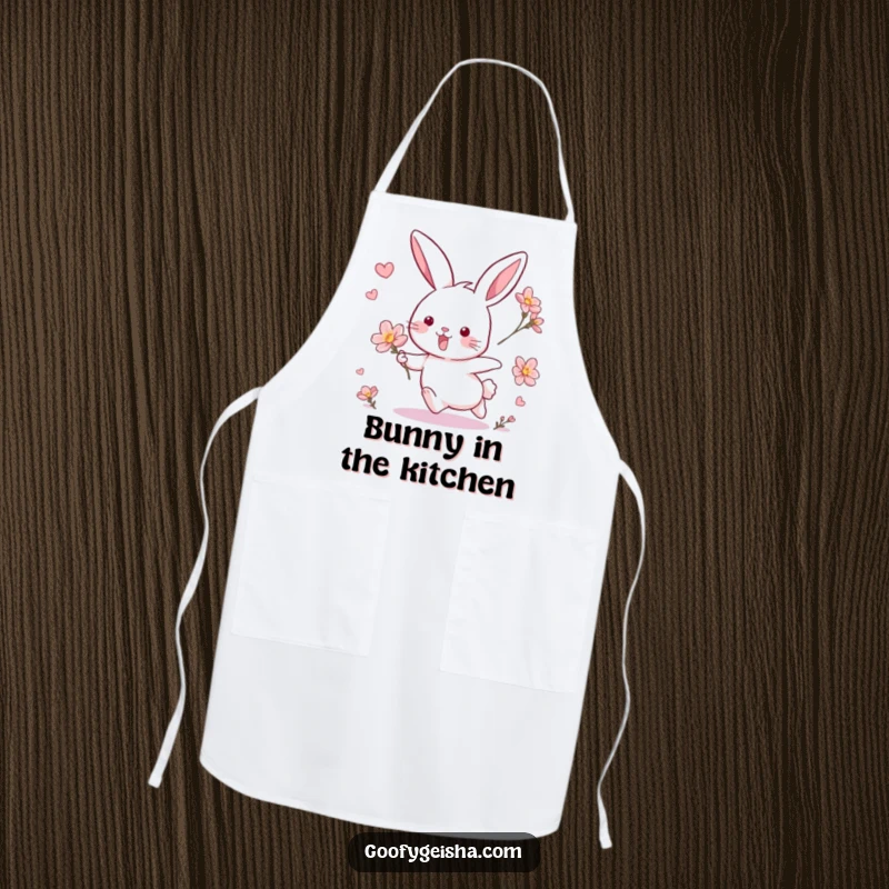 Funny apron showing a cheerful rabbit playfully chasing a blossom, perfect for adding humor to cooking or baking.