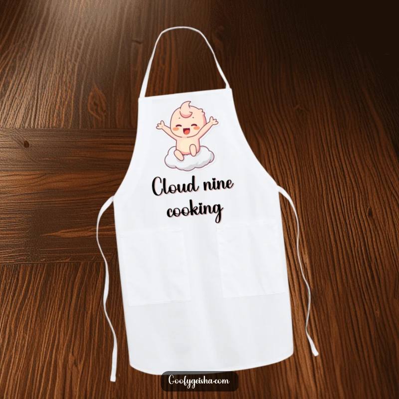 Funny Kawaii Apron: Character leaping to touch a cloud with joy, ideal for a cheerful cook. Humorous funny gift.