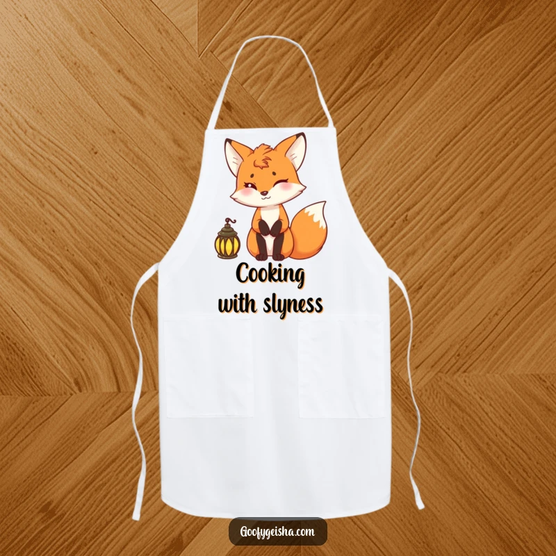 Funny fox apron depicting a mischievous fox holding a lantern, ideal for kitchen protection.