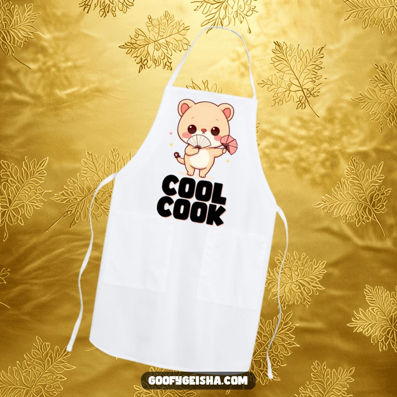 Funny apron with a cute character and tiny paper fan, humorously wiggling its hips, perfect for kitchen antics.