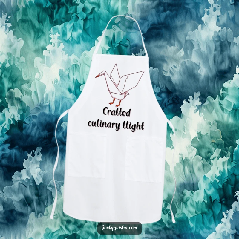 Funny apron with a whimsical origami crane playfully flapping its wings, ready to add artistic flair to your cooking.