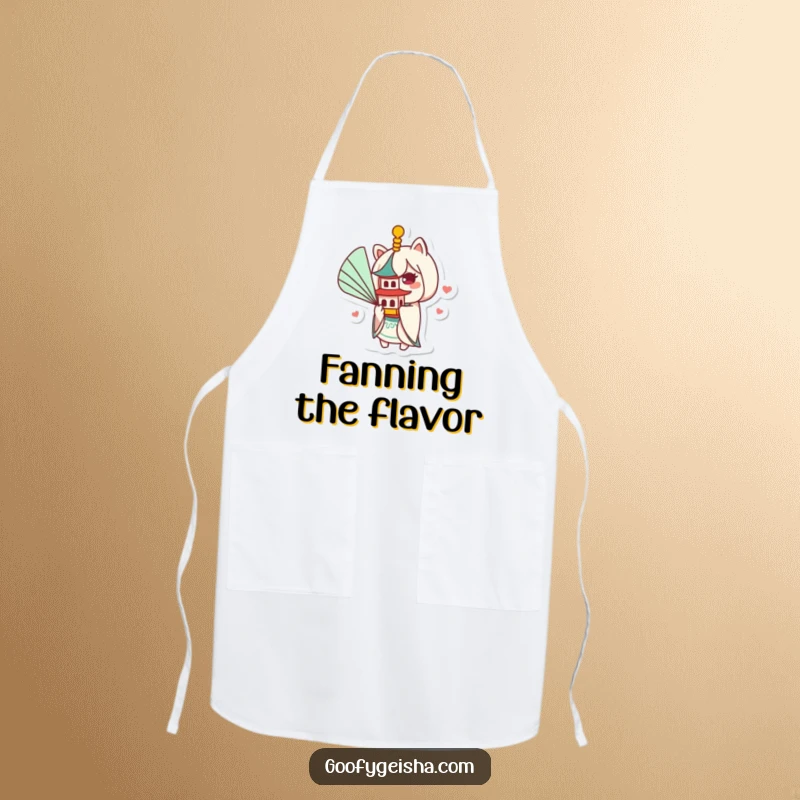 Funny Kawaii apron with a cute character fanning a tiny pagoda, perfect for kitchen tasks and adding a comical, cultural touch.