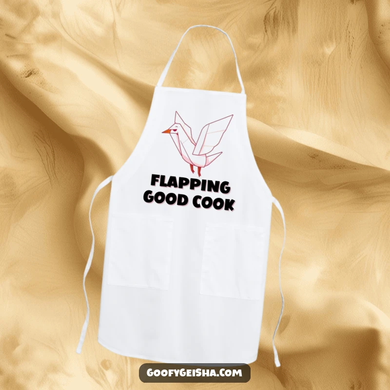 Funny apron showcasing a cute origami crane character flapping its wings, ideal for protecting clothes while adding a touch of peaceful artistry.