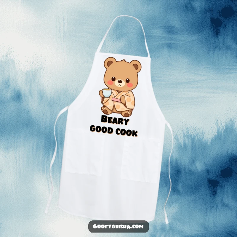 Funny charming bear wearing a patterned kimono, offering tea while cooking, designed for a humorous and cozy apron.