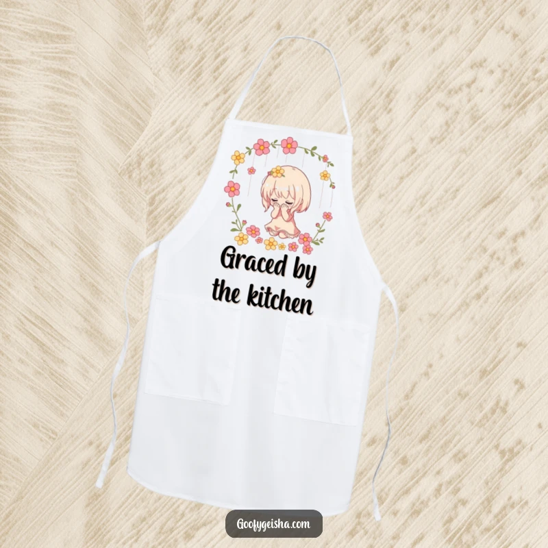 Funny apron depicting a small character dramatically bowing with a shower of flowers, perfect for dramatic kitchen performances.
