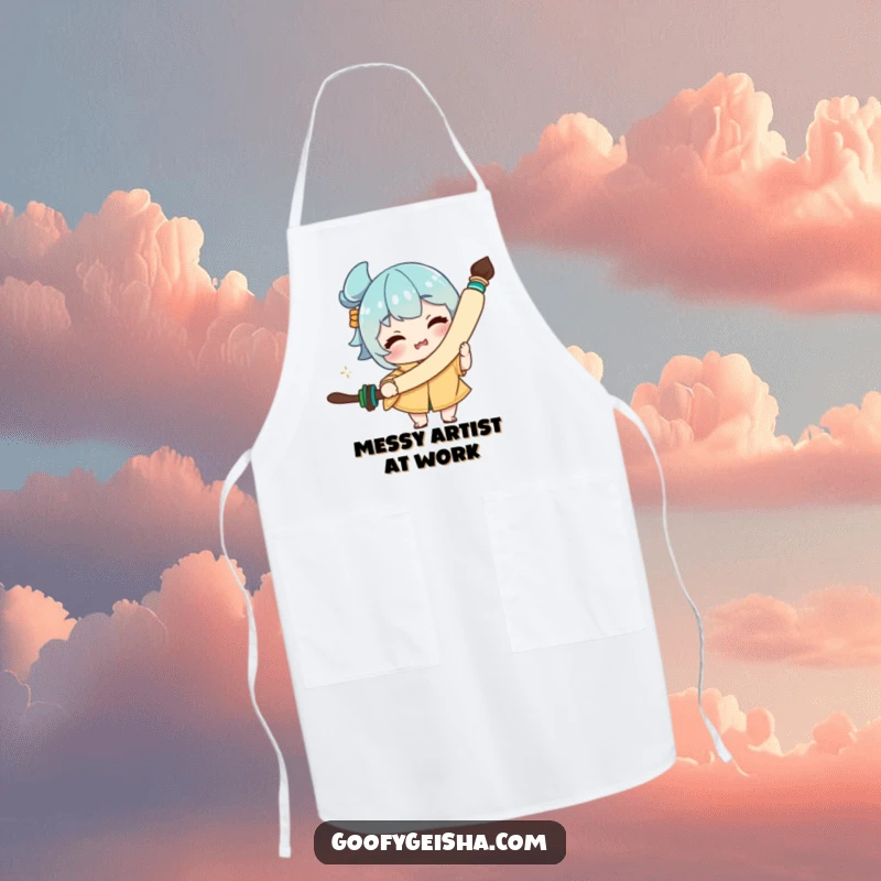 Funny apron showing a character with a funny face, brandishing a huge calligraphy brush, perfect for messy creative moments.