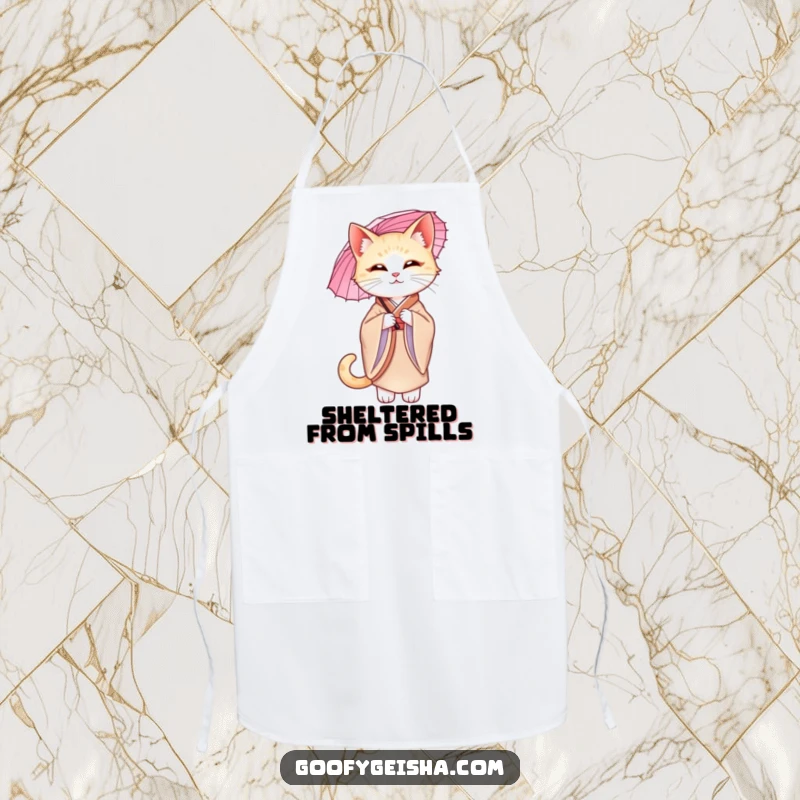 Funny graceful cat wearing a silk kimono, holding a parasol while cooking, designed for a humorous and elegant apron.