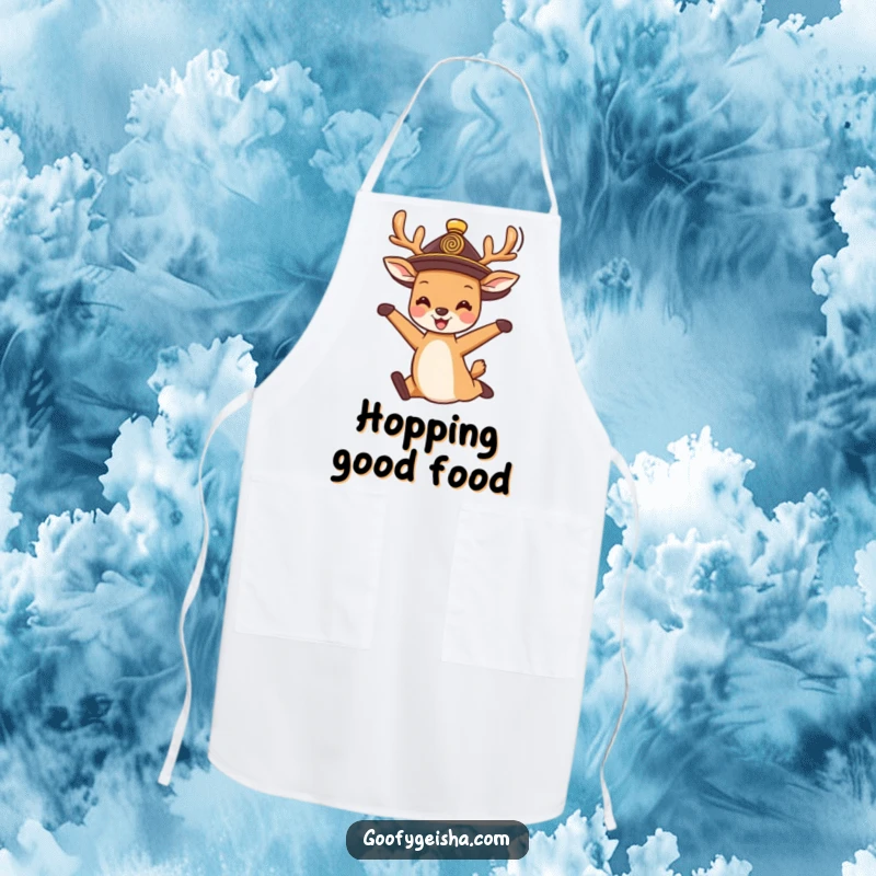 Funny Apron: A cute deer wearing a traditional hat, joyfully jumping, ready to bring happy charm to any cooking task.