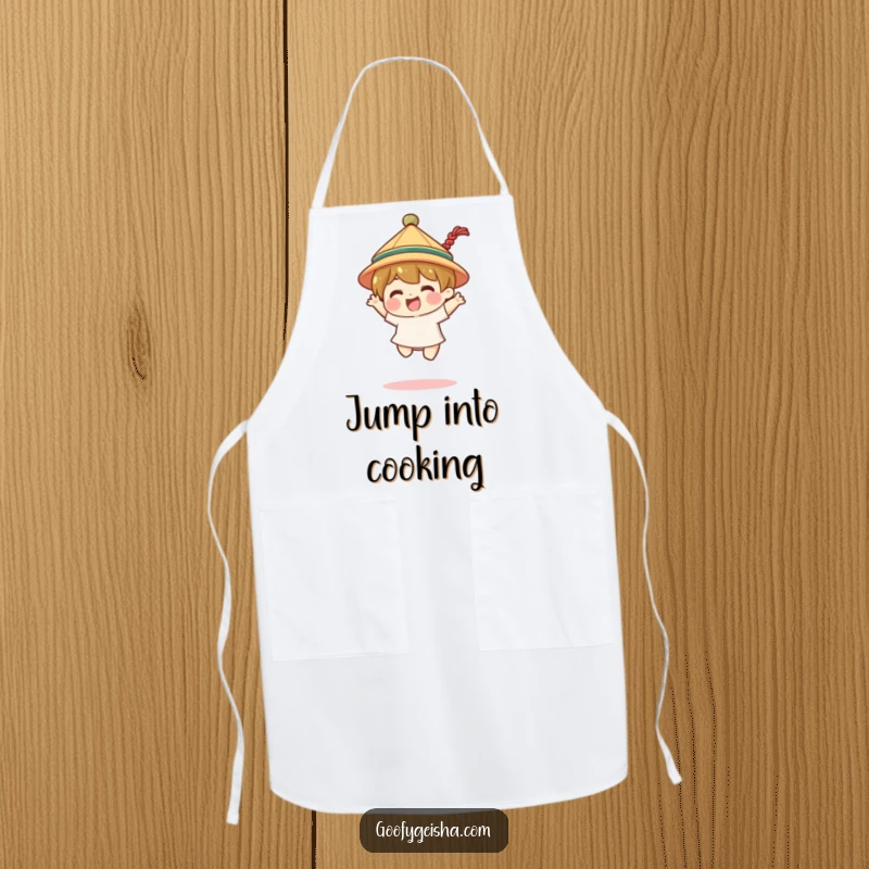 Funny apron with a character wearing a tiny traditional hat, performing a joyful jump. Ideal for happy chefs.