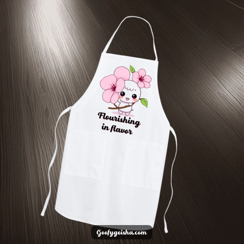 Funny Kawaii apron with a mischievous character tapping a giant cherry blossom petal, ideal for kitchen wear with a cute twist.