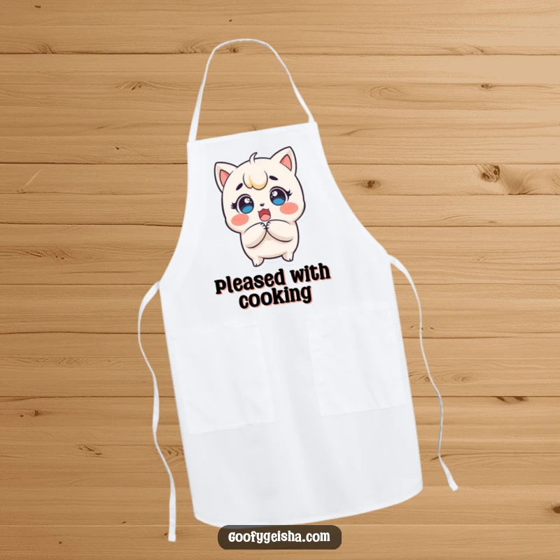 Funny Kawaii Apron: Surprised character clutching head, eyes wide with delight, perfect for kitchen tasks and adding a funny, expressive touch.