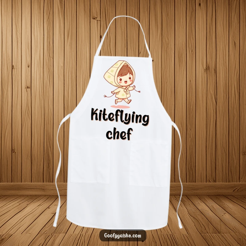 Funny apron showing a happy character skipping with a patterned kite, perfect for adding playful vibes to kitchen activities.