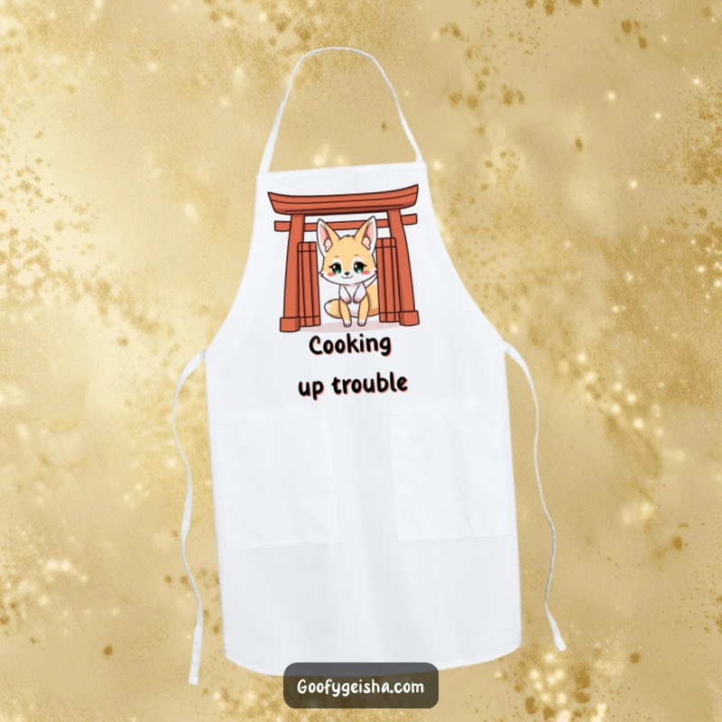 Funny Kitsune Fox Apron: A mischievous Kitsune character peeks with a grin from behind a Torii gate, perfect for cooks.