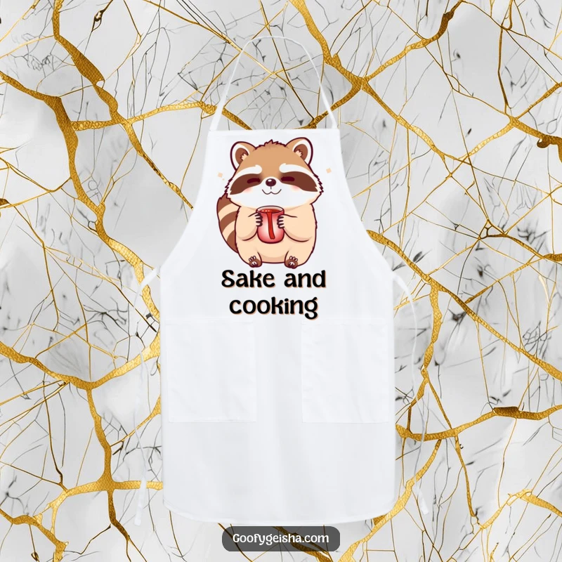Funny Tanuki sake apron showcasing a cute winking character with a sake cup, ideal for a fun and stylish cooking experience.