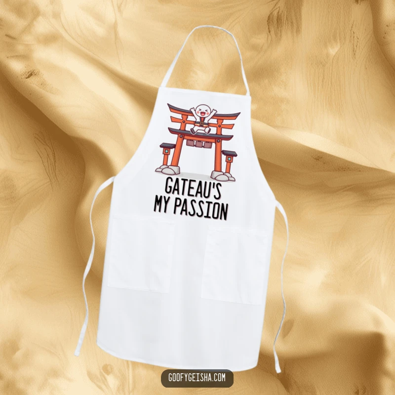 Funny apron depicting a character joyfully leaping energetically over a stylized Torii gate, perfect for kitchen fun.