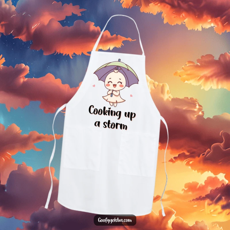 Funny Umbrella Apron with a cute umbrella character spinning joyfully, perfect for adding fun to any cooking session.
