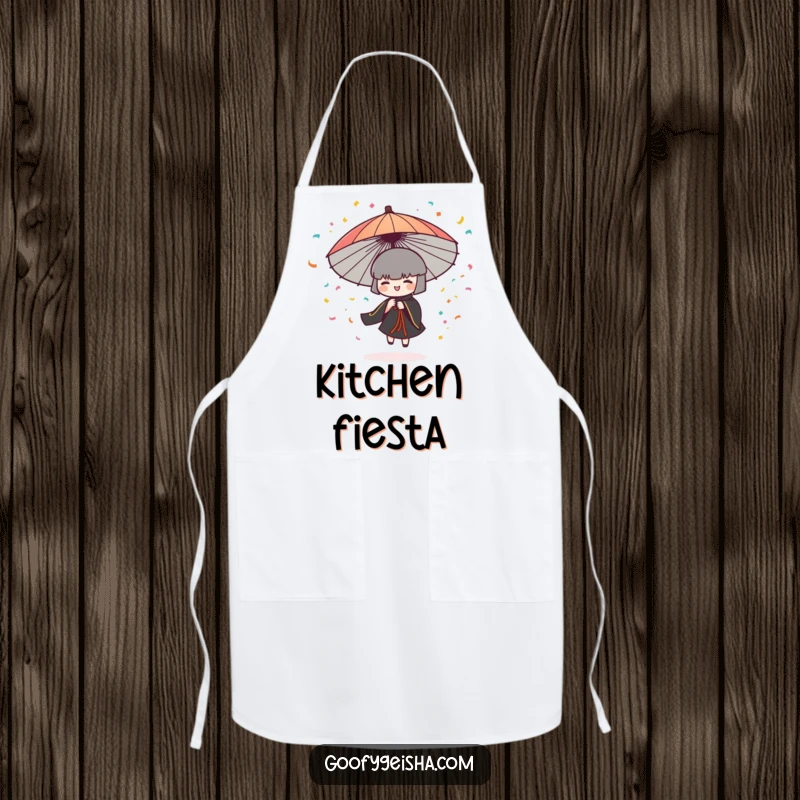 Funny apron depicting a Japanese umbrella character spinning and releasing colorful confetti, great for parties and events.
