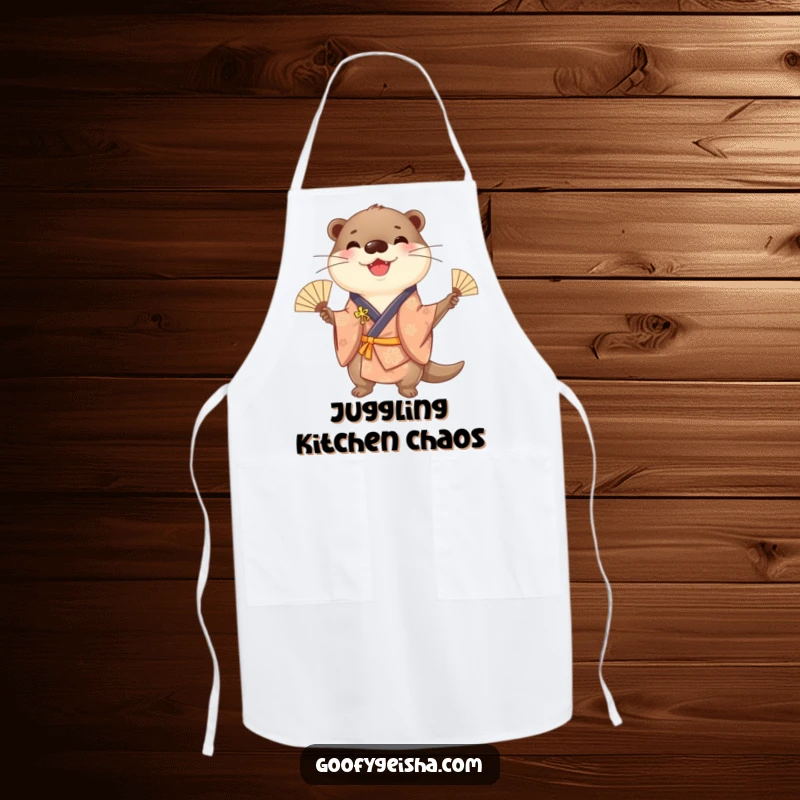 Funny cheerful otter wearing a kimono, juggling fans while cooking, designed for a humorous and energetic apron.