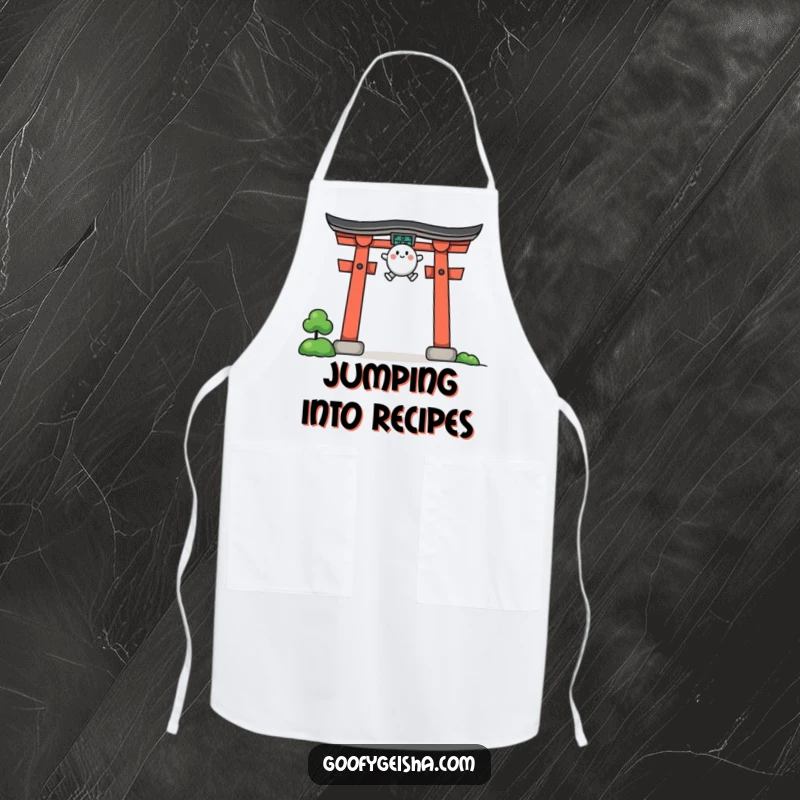 Funny apron showing a small character bravely jumping over a stylized torii gate, ready for culinary exploits.