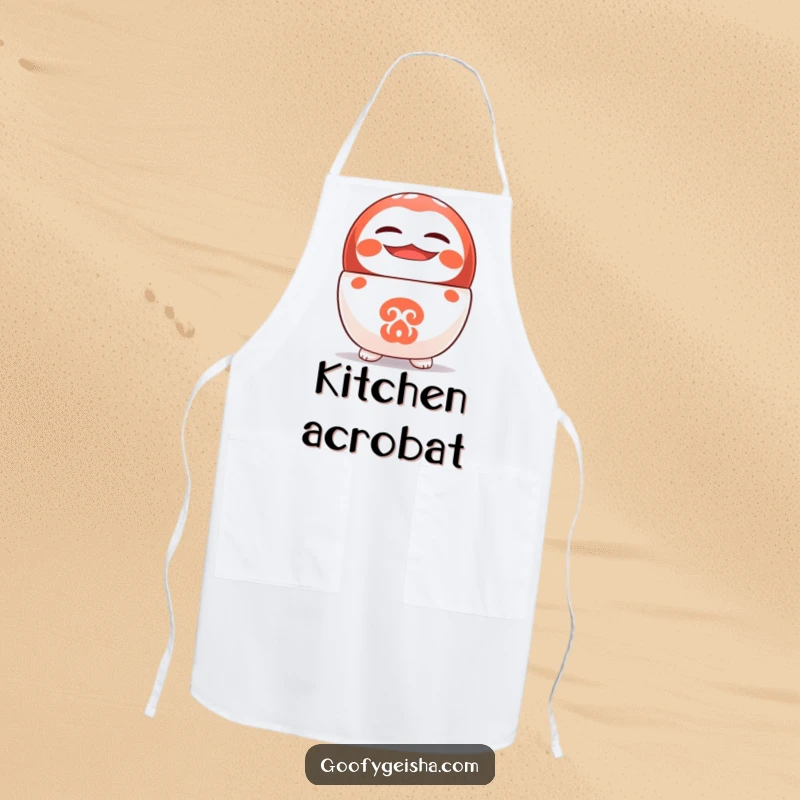 Funny apron depicting a cute Daruma doll balancing on its head with a happy grin, a delightful kitchen accessory.