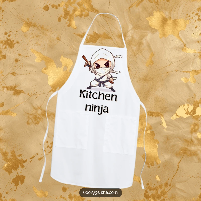 Funny Apron: Chibified character striking a dramatic ninja pose with a silly grin, great for kitchen stealth.
