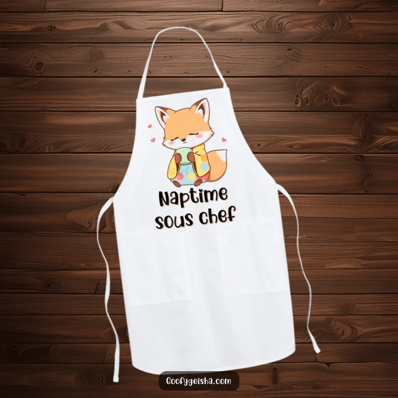 Funny apron with a sleepy fox in a colorful kimono dozing off while holding a teacup, ideal for kitchen relaxation.