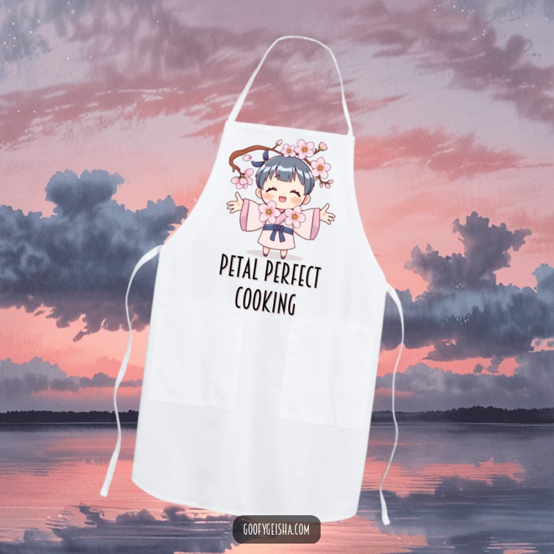 Funny apron featuring a character embracing a cherry blossom branch, ideal for adding a touch of nature and humor to cooking.