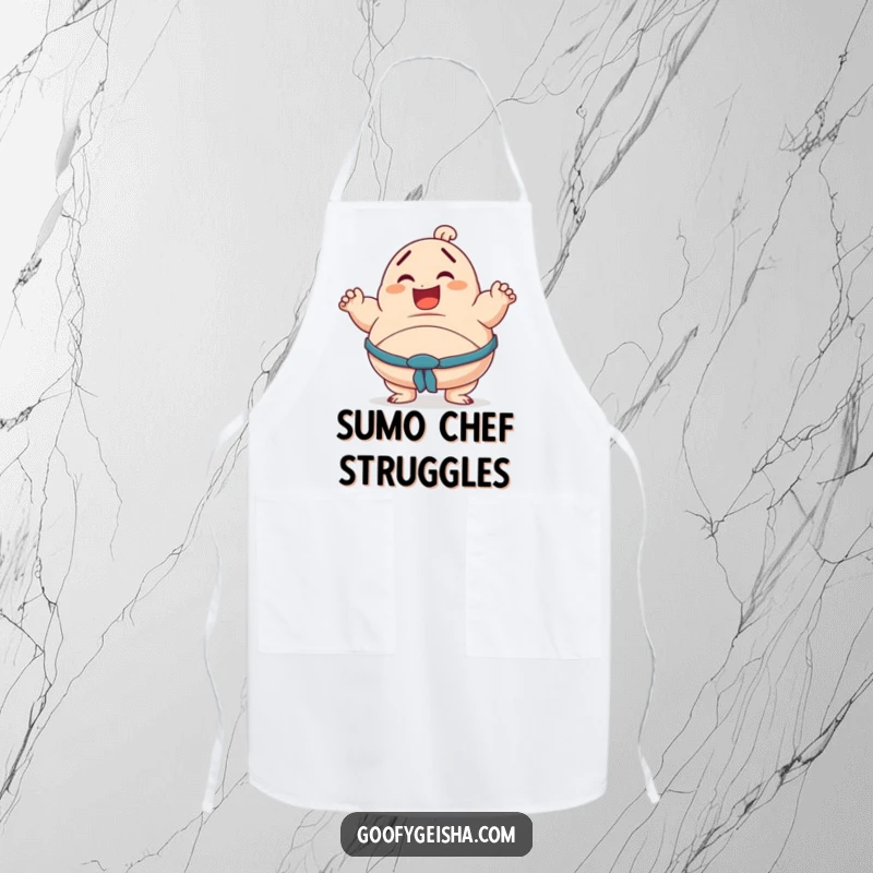 Funny apron featuring a smiling character in a wobbly sumo pose, designed for those who approach tasks with humor.