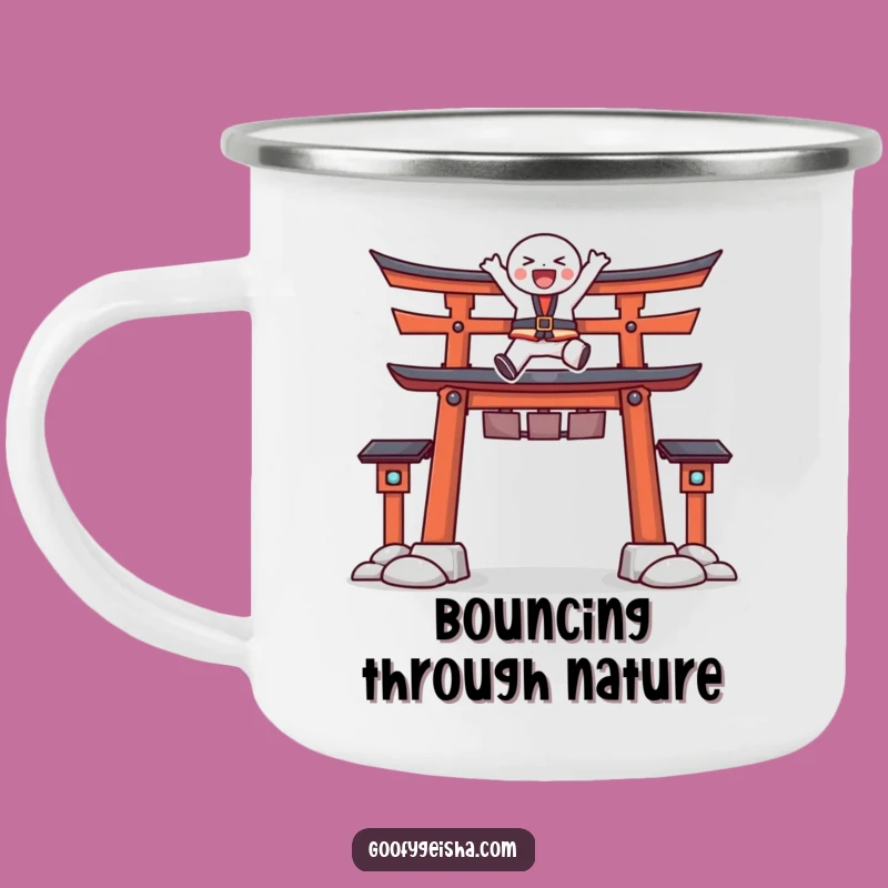 Funny Torii Gate Leap Camping Mug: Energetic Character's Adventure, Durable Funny Gift