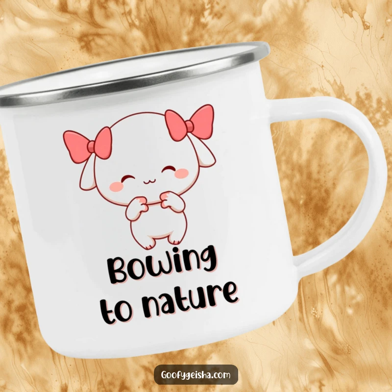 Funny camping mug with a cheerful character smiling and performing a playful bow, perfect for friendly outdoor gatherings.