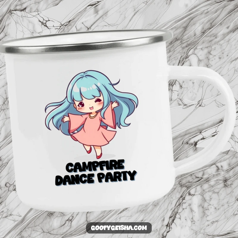 Funny Kawaii Camping Mug: Dancing character spinning gracefully with flowing sleeves, great for drinks outdoors and adding funny, rhythmic vibes.