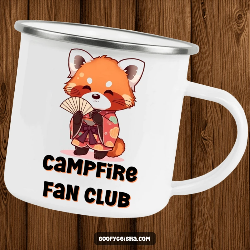 Funny red panda wearing a vibrant kimono, fanning itself, ready for outdoor adventures on a rugged camping mug.