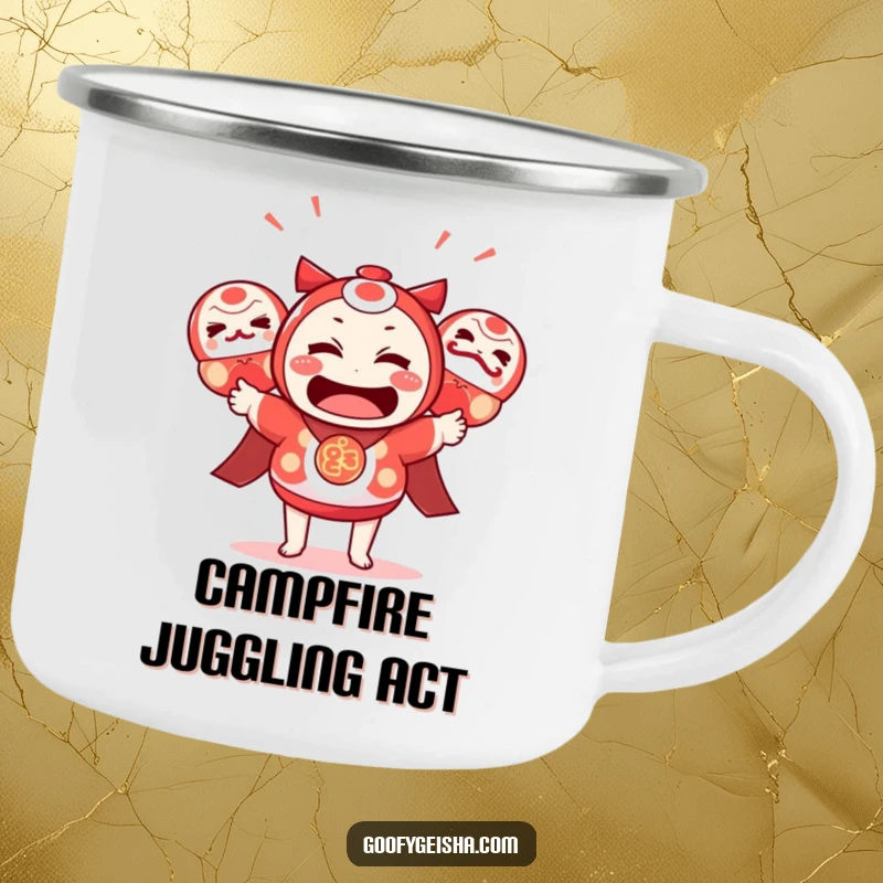 Funny Kawaii Camping Mug: Bewildered character juggling daruma dolls, adding humor to outdoor activities. Ideal funny gift.