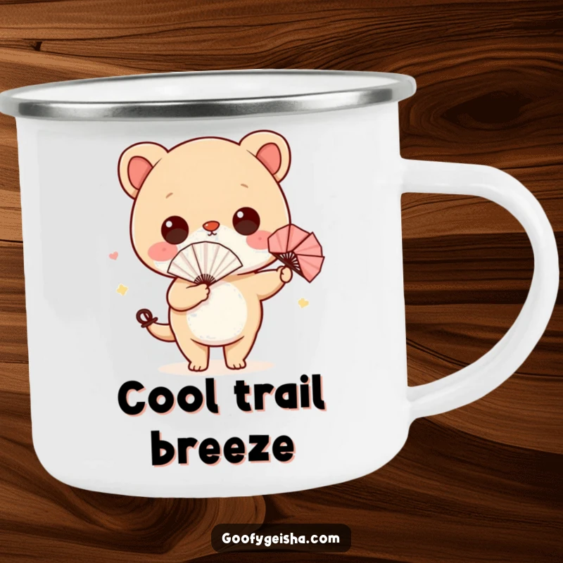Funny camping mug with a cute character and tiny paper fan, humorously wiggling its hips, perfect for outdoor fun.