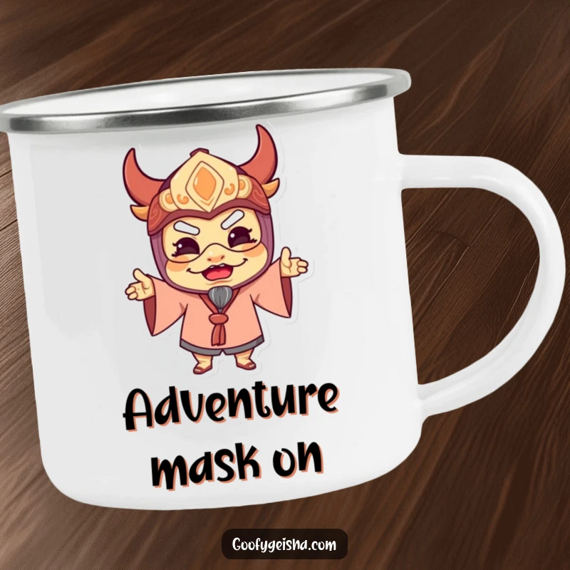 Funny camping mug with a character in a traditional mask striking a comical pose, designed for outdoor fun and guaranteed smiles around the campfire.