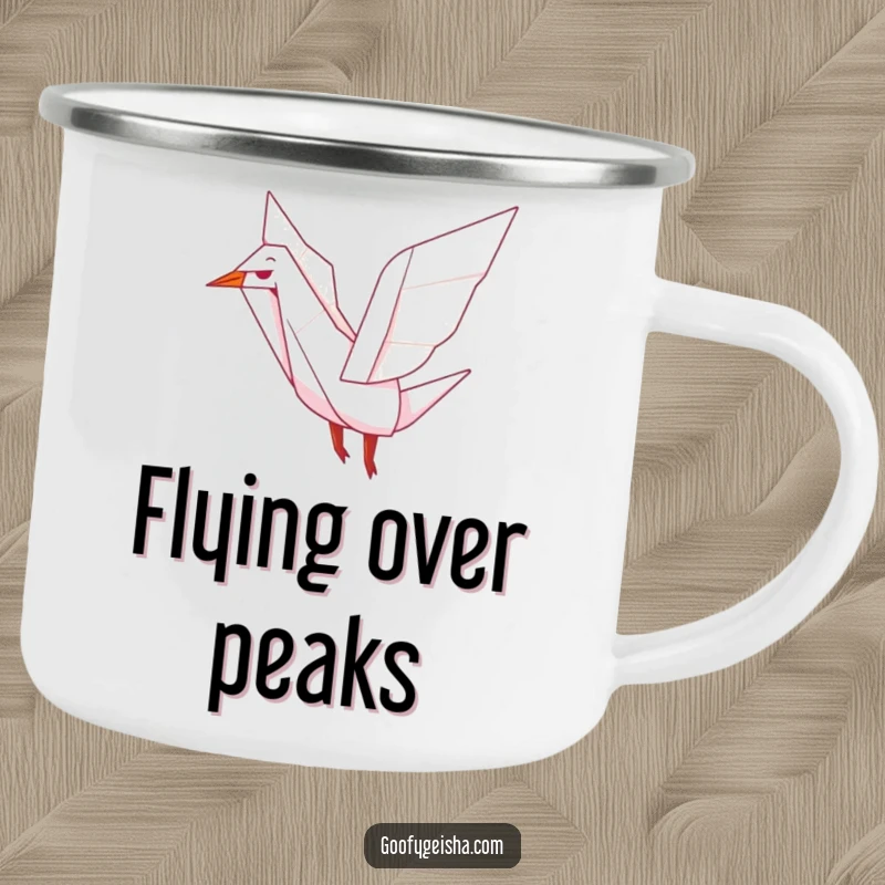 Funny camping mug featuring a cute origami crane character flapping its wings, perfect for outdoor drinks and adding a touch of joyful serenity.