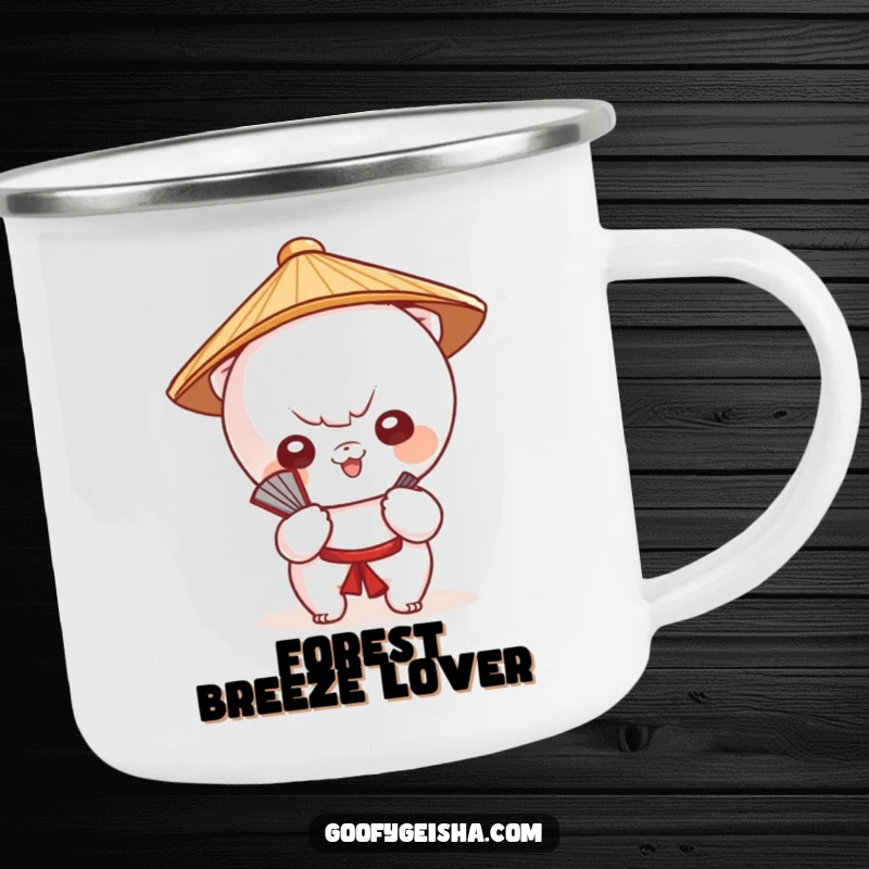 Funny camping mug with a cute Kawaii character in a Japanese hat, fanning itself, perfect for outdoor use.