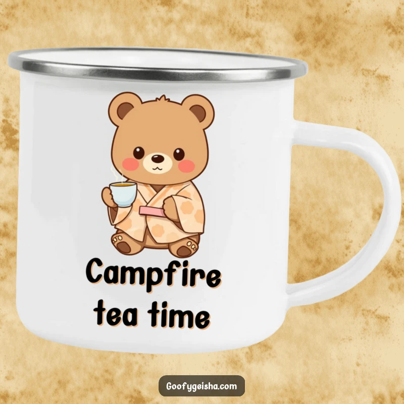 Funny charming bear wearing a patterned kimono, offering tea, ready for cozy outdoor trips on a camping mug.
