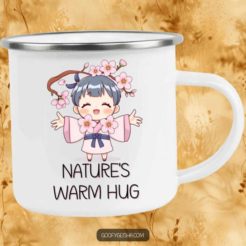 Funny camping mug showing a character embracing a cherry blossom, ideal for enjoying nature and warm drinks outdoors.