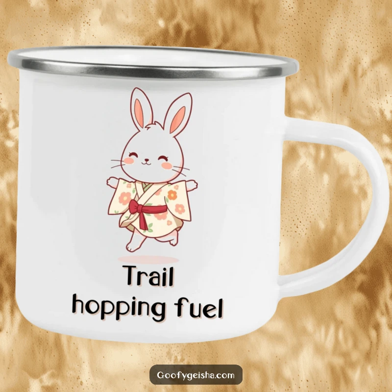 Funny bouncy bunny wearing a floral kimono, happily skipping, ready for outdoor fun on a sturdy camping mug.