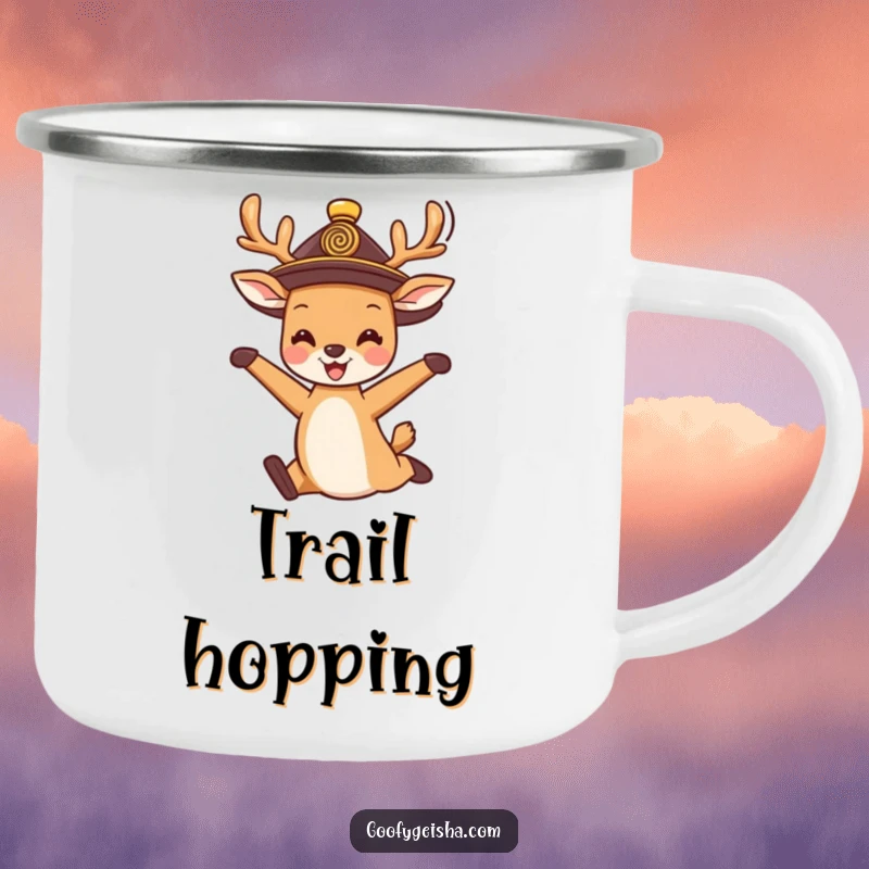 Funny Camping Mug: A cute deer in a traditional hat, joyfully jumping, designed for happy adventures and spirited outdoor moments.