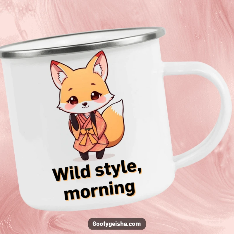 Funny Fox Kimono Camping Mug with a cute fox in a kimono performing a playful bow, perfect for enjoying drinks outdoors.