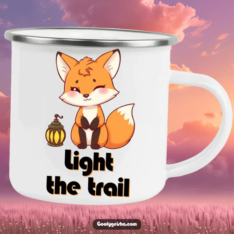 Funny fox camping mug with a mischievous fox holding a lantern, designed for adventurous souls.
