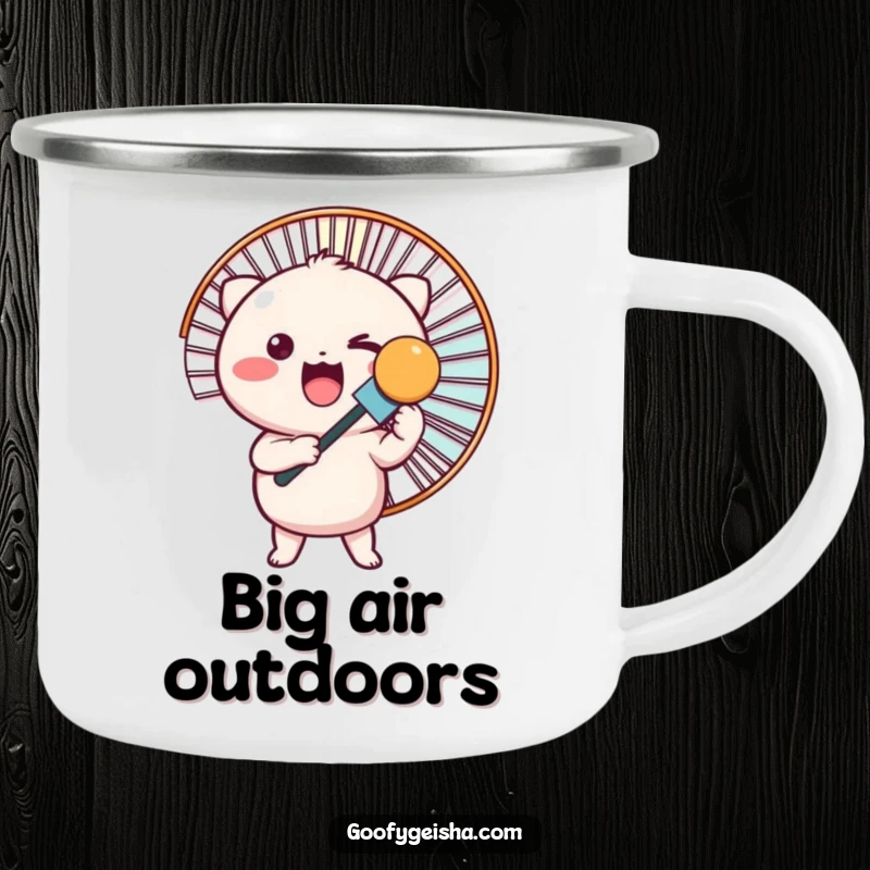Funny camping mug with a cute Kawaii character holding a large fan, perfect for outdoor cooling.