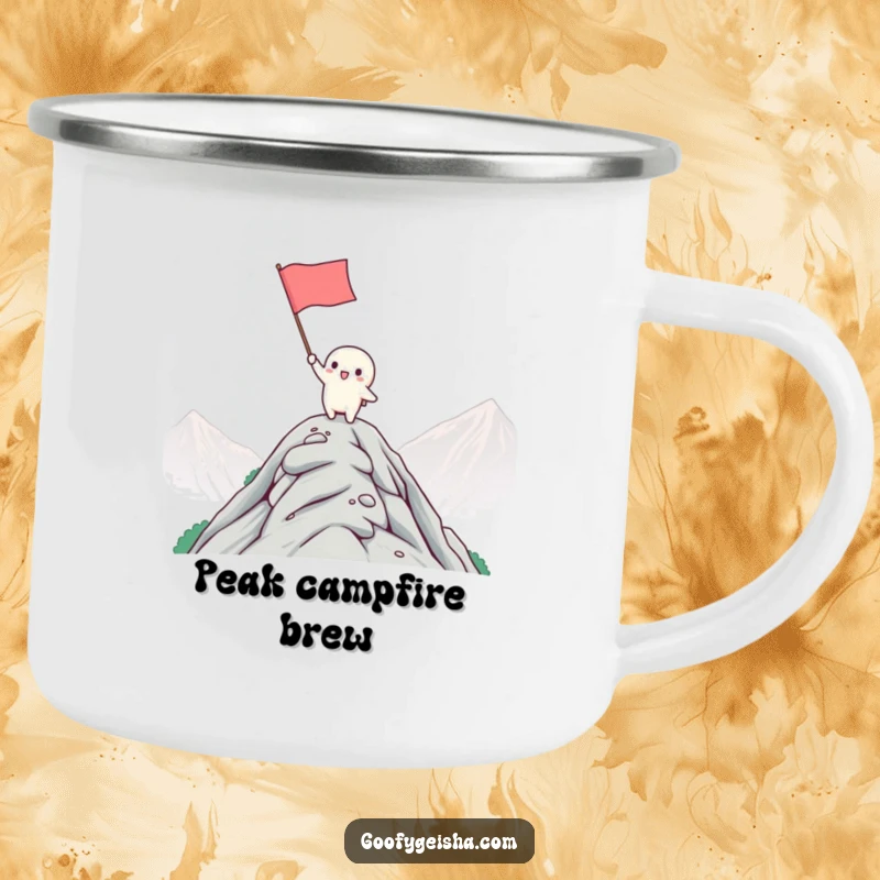 Funny Kawaii Camping Mug: Character celebrating victory on a mountain top, holding a flag. Ideal funny gift for outdoors.