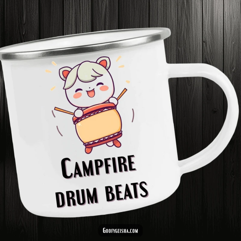 Funny Kawaii character Taiko drum camping mug, featuring energetic motions for musical fun on the go.