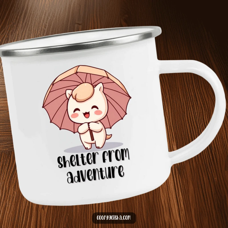Funny Kawaii camping mug showing a cute character happily spinning with a comical umbrella tilted sideways, ready for outdoor fun.