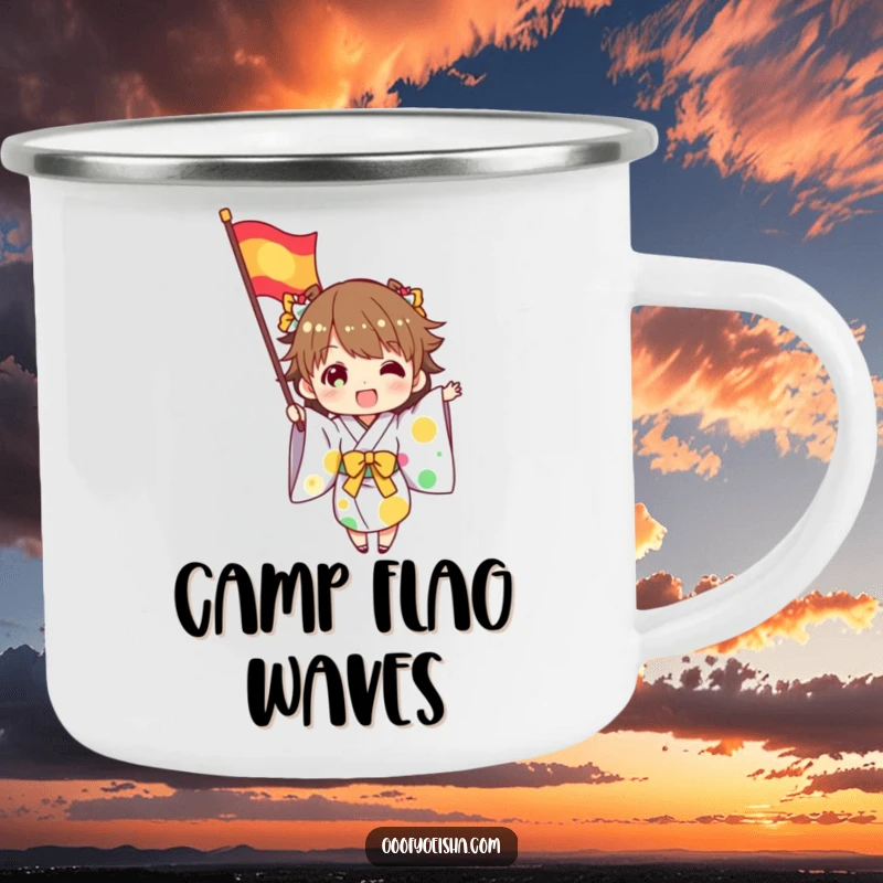 Funny camping mug with a character in a kimono excitedly waving a colorful flag, perfect for festive outdoor fun.